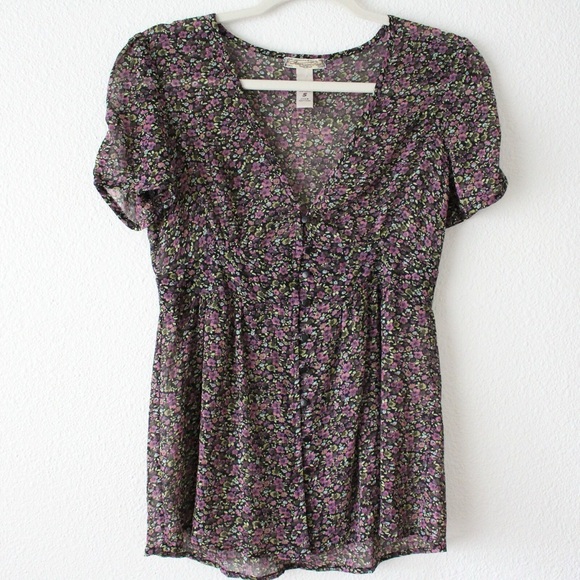 American Rag Tops - American Rag V-Neck Button Up Sheer Floral Short Sleeve Blouse Top Small